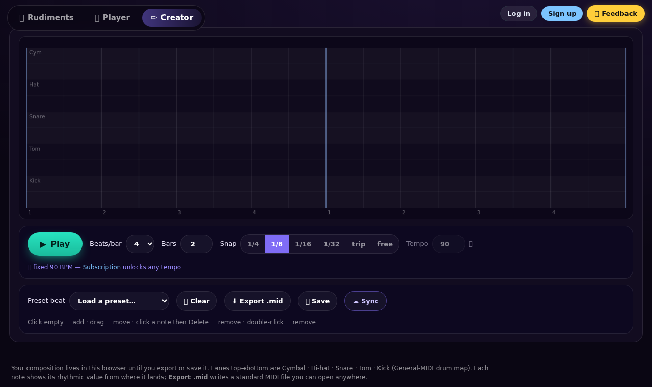 The Creator: a drum grid with snap, bars and tempo controls and a MIDI export button