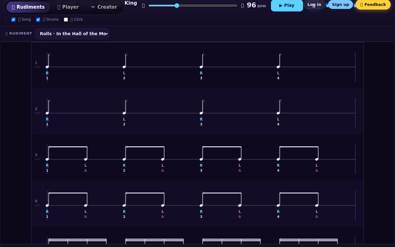 Song mode scrolling the notation for In the Hall of the Mountain King with melody, drums and click toggles